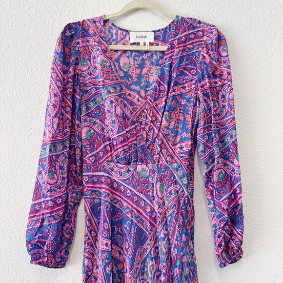 ba&sh Franky Midi Dress Boho Paisley Print Long Sleeve V-Neck Size Small - Picture 3 of 8